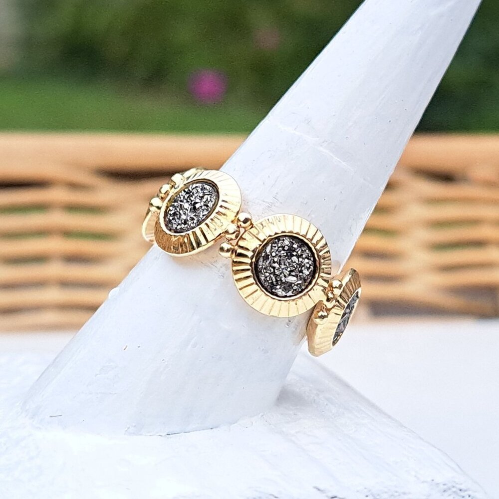 14K Yellow Gold Milor Italy Gray Druzy Medallion Link Ring - Picture 4 of 14